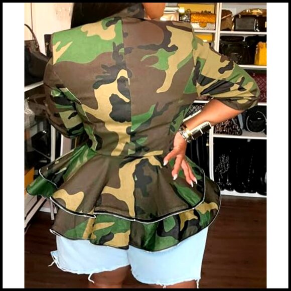 Women's Camo Blazer Jacket Long Sleeve Ruffle Hem Peplum Tiered Casual - Picture 3 of 7